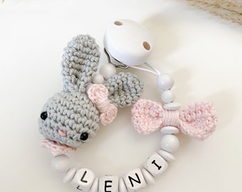 Pacifier Chain with Name Rabbit Gray/Pink