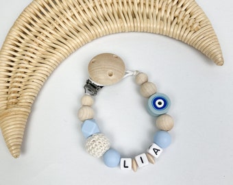 Pacifier chain with name, Nazar, eye blue