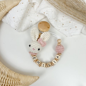 Pacifier chain with name bunny cream rose