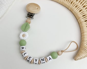 Pacifier chain with name Daisy peach girl flower leaf spring