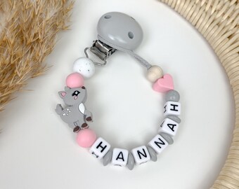 Pacifier chain with name, fawn, girl gray pink