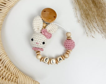 Pacifier chain with name cream old pink girl rabbit crocheted