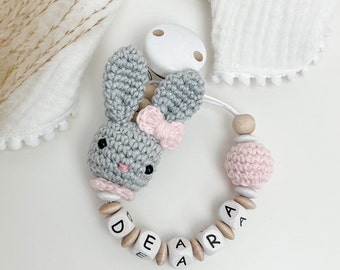 Pacifier chain with name rabbit grey/pink