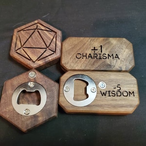 May include: Four wooden bottle openers with engraved designs. One features a 20-sided die, another says " +1 CHARISMA", another says " -5 WISDOM", and the last has a bottle opener.