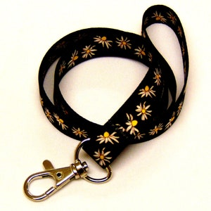 Colourful daisy print on black neck strap lanyard 15mm image 1