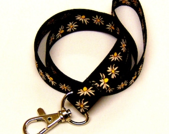 Colourful daisy print on black neck strap lanyard 15mm