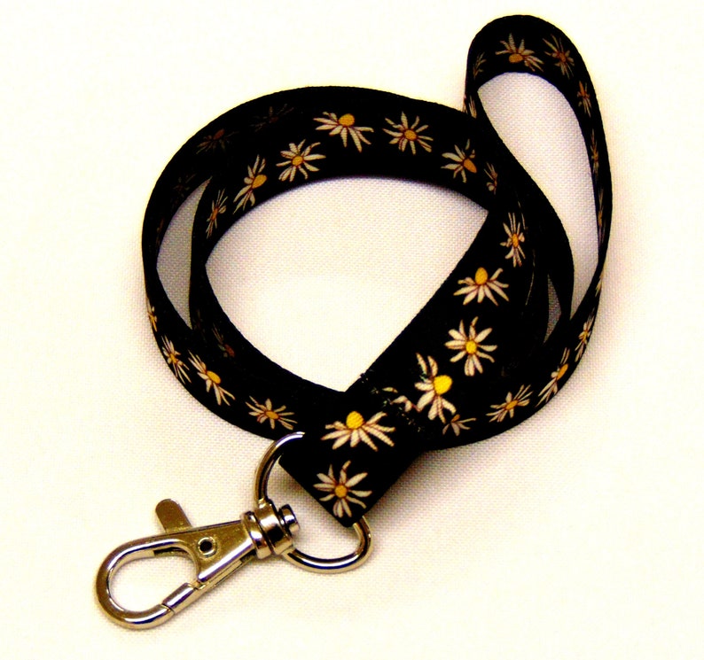 Colourful daisy print on black neck strap lanyard 15mm image 1