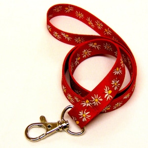 Colourful daisy print on red neck strap lanyard 15mm