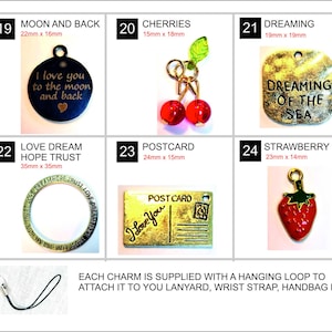 PINGENTES para telefones, cordões, pulseiras, bolsas, carteiras: Lua e costas, Cerejas, Sonho, Cartão postal, Morango, Amor, Esperança, Sonho, Confiança