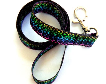 rainbow leopard printed neck strap lanyard 15mm, free UK postage.