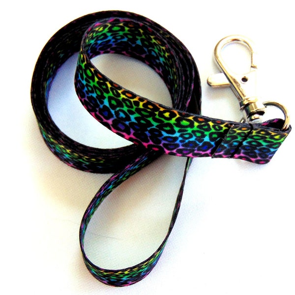 rainbow leopard printed neck strap lanyard 15mm, free UK postage.