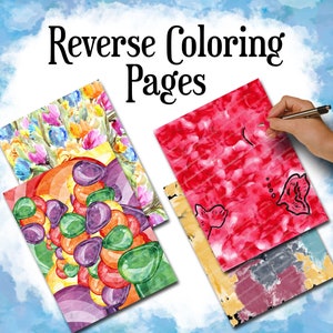 Könnte beinhalten: Drei umgekehrte Malvorlagen mit abstrakten Mustern. Die erste Seite zeigt ein Blumenmuster mit rosa, gelben und blauen Blumen. Die zweite Seite zeigt ein Muster aus bunten Kreisen und Ovalen. Die dritte Seite zeigt ein abstraktes Muster in Rot und Weiß.