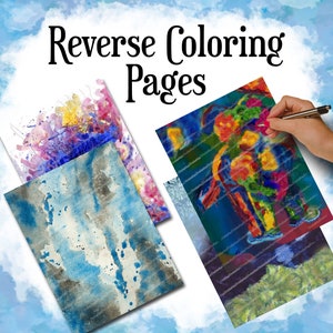 Könnte beinhalten: Das Bild zeigt mehrere Reverse-Malvorlagen mit abstrakten Aquarelldesigns. Die Seiten weisen Farbspritzer in Blau, Grau, Gelb und Rosa auf. Der Text "Reverse Coloring Pages" steht oben. Eine Hand hält einen Stift und malt eine der Seiten aus.