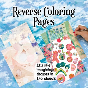 Könnte beinhalten: Umgekehrte Malvorlagen - Es ist wie sich Formen in den Wolken vorzustellen. Vier verschiedene Malvorlagen werden gezeigt, jede mit einem anderen Design. Die Seiten befinden sich auf einem blauen Hintergrund mit weißen Wolken.