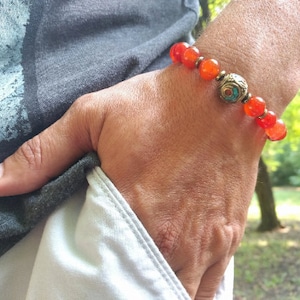 Genuine Carnelian and Tibetan Bead Bracelet – Unisex Spiritual Jewelry for Protection and Confidence
