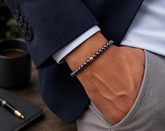 Pulsera de oro de 18k con cuentas de hematita para la confianza y la fuerza, joyería protectora, mala de meditación, regalo de yoga