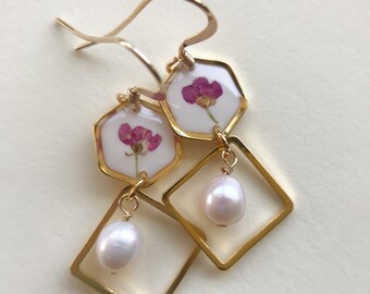 Pendientes Flor Prensada con Perlas
