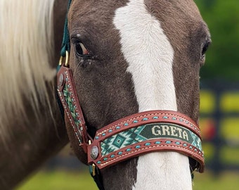 May include: Close-up of a brown and white horse wearing a brown leather halter with a green and blue beaded design. The halter has the name "GRETA" embroidered on it.