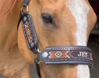 May include: A close-up of a brown horse wearing a black leather halter with a colorful beaded design and the name "JET" embroidered on it. The horse has a white star on its forehead.