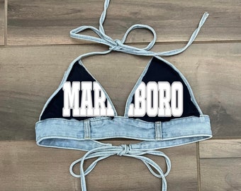 Custom College Apparel, Team, or Your Text Denim Triangle Bra Top, Game Day, Tailgate, Gift, Commitment, Dorm, Company Text, Logo