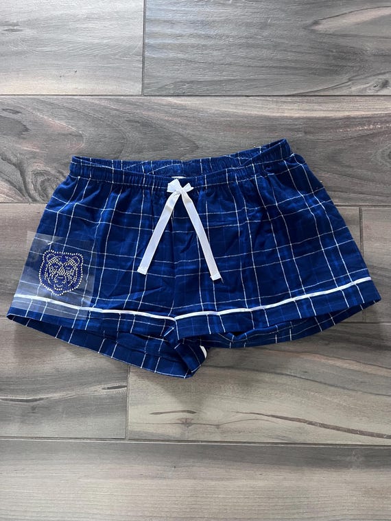 Custom College Team Company Rhinestone Logo Camp Boxercraft Plaid Flannel Pajama Shorts Lounge Gift Bed Party Graduation Gift Womens Etsy Australia