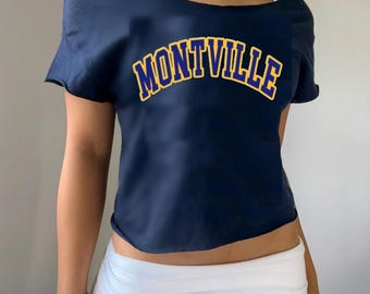 Custom College, Sorority, Custom Text, Company or Business Name Apparel Varsity Off Shoulder Tee, Tshirt, Baby Tee, Gift, Tailgate, Gameday