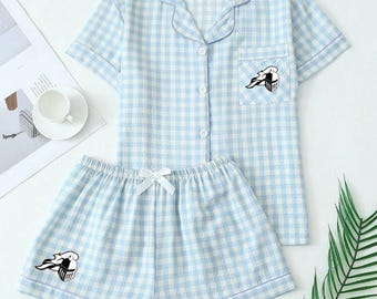 Custom College Apparel Gingham Plaid Button Up T shirt and Shorts PJ Set, Company Text, Team, Game Day, Trendy, Commitment Gift, Senior Gift