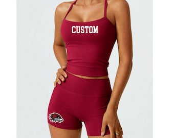 Custom College Apparel Workout Top and Shorts Lounge Set, Company Text, Team, Game Day, Trendy, Commitment Gift, Senior Gift, Cheer Team