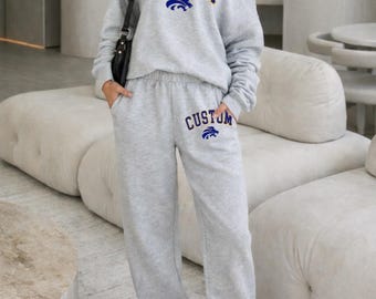 Custom College Apparel Off Shoulder Sweatshirt and Sweats Lounge Set, Company Text, Team, Game Day, Trendy, Commitment Gift, Senior Gift