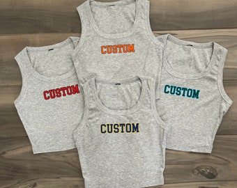 Custom College Apparel, Team, or Your Text Varsity Scoop Neck Crop Top, Game Day, Tailgate Clothes, Bed Party, Graduation Gift, University
