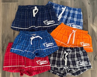 Custom College, Team, Company, Camp, Sorority, Script Boxercraft Plaid Flannel Pajama Shorts Lounge Gift, Bed Party, Gift, Mens and Womens
