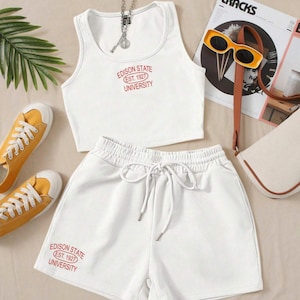 Custom College Apparel Established Crop Top and Shorts Lounge Set, Company Text, Team, Game Day, Trendy, Commitment Gift, Senior Gift
