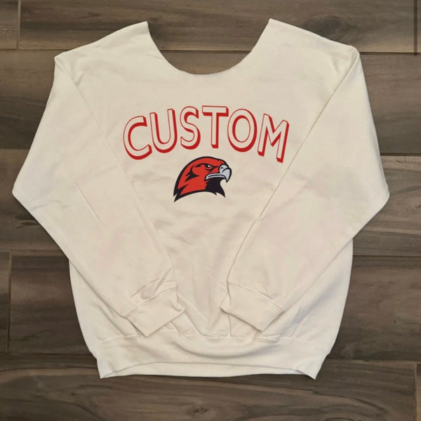 Custom College, Team, Camp, Apparel Off the Shoulder Crewneck Sweatshirt, Tailgate, College Gear, Gift, Dorm, Bed Party, Bed Decorating