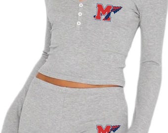 Custom College Apparel Logo Gray Long Sleeve Top and Shorts Lounge Set, Company Text, Team, Game Day, Trendy, Commitment Gift, Senior Gift