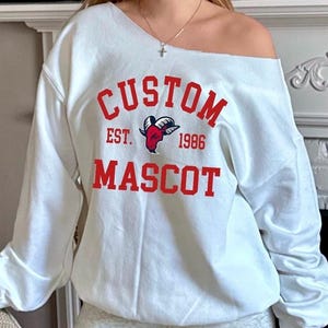Custom College, Team Camp Apparel Mascot Established Off the Shoulder Crewneck Sweatshirt, Tailgate, College Gear Gift, Dorm, Bed Decorating