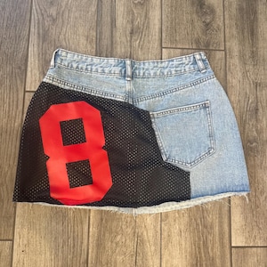 Custom College Apparel, Team or Your Logo Denim Mini Skirt with Jersey Patch, Company Text, Game Day, Trendy, Commitment Gift