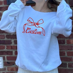 Custom College, Team Camp Apparel Bow Script Off the Shoulder Crewneck Sweatshirt, Tailgate, College Gear Gift, Dorm, Bed Decorating