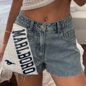 Custom College Apparel, Team or Your Logo Denim Cutoff Shorts with Front Patch, Company Text, Game Day, Trendy, Commitment Gift