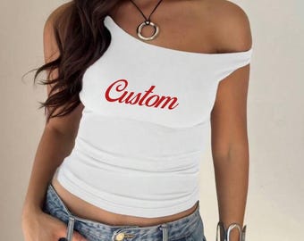 Custom College Apparel, Team, or Your Company Business Custom Stretchy Off Shoulder Crop Top Tank, Commitment Gift, Bed Party Gift