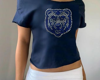 Custom College, Sorority, Custom Text, Company or Business Name Apparel Rhinestone Logo Off Shoulder Tee, Tshirt, Baby Tee, Gift, Tailgate