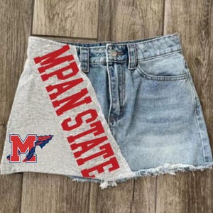 Custom College Apparel, Team or Your Logo Large Patch Denim Mini Skirt, Company Text, Logo, Football, Game Day, Trendy, Commitment Gift