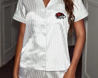 Custom College Apparel Striped Satin Button Up T shirt and Shorts PJ Set, Company Text, Team, Game Day, Trendy, Commitment Gift, Senior Gift
