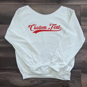 Custom College, Team Camp Apparel Underline Script Off the Shoulder Crewneck Sweatshirt, Tailgate, College Gear Gift, Dorm, Bed Decorating