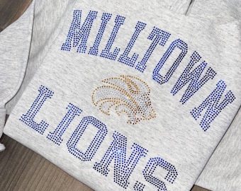 Custom College, Team, Camp Apparel Rhinestone Mascot Off Shoulder Crewneck Sweatshirt, Tailgate, College Gear, Gift, Party, Bed Decorating