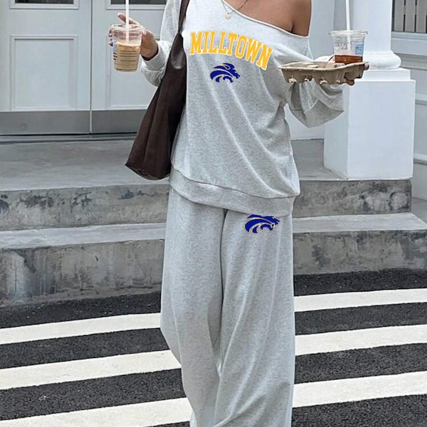 Custom College Apparel Loose off Shoulder and Pants Lounge Set, Company Text, Team, Game Day, Trendy, Commitment Gift, Senior Gift