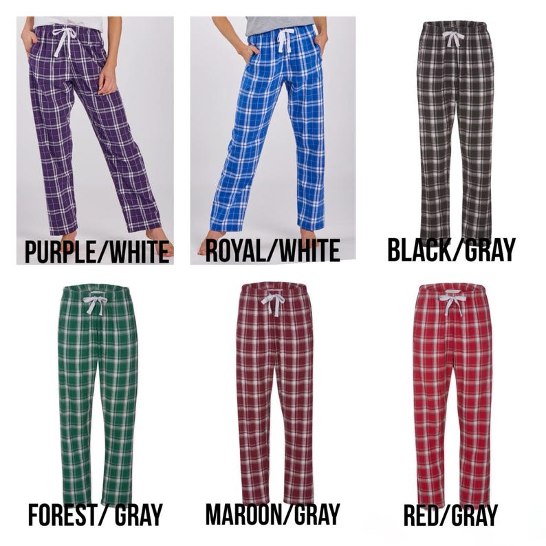 May include: Plaid pajama trousers in a range of colours: purple, royal blue, black, forest green, maroon, and red. Each pair has a white drawstring and a relaxed fit. The image text reads: PURPLE/WHITE, ROYAL/WHITE, BLACK/GRAY, FOREST/GRAY, MAROON/GRAY, RED/GRAY.