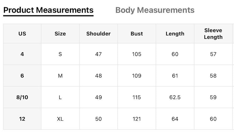 May include: A product measurement chart with body measurements in a table format. The chart includes US sizes, sizes (S, M, L, XL), shoulder measurements (47-50), bust measurements (105-121), length measurements (60-64), and sleeve length measurements (57-60).