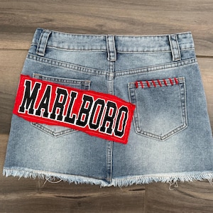 Custom College Apparel, Team or Your Logo Denim Mini Skirt with Hand Stitched Pocket, Company Text, Game Day, Trendy, Commitment Gift