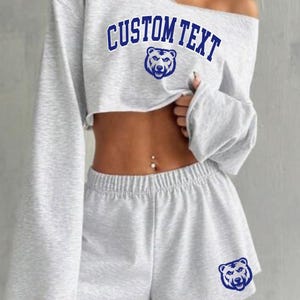 Custom College Apparel Tailgate Off Shoulder Long Sleeve and Shorts Lounge Set, Company Text, Team, Game Day, Trendy, Commitment Gift
