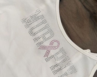 Custom Breast Cancer Survivor, Support, Ribbon, Rhinestone Skinny Strap Tank Top, Full Length, Fighter, Pink Ribbon, Personalized Word